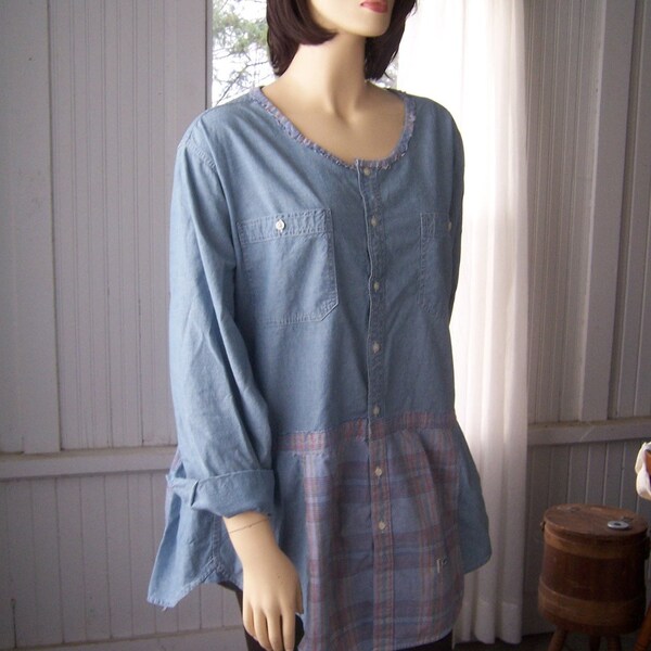 Upcycled Button Front  Belted Dress Shirt Jacket Tunic Reconstructed  Denim Blues and Pink Plaids  Cotton  Large to 56 Bust