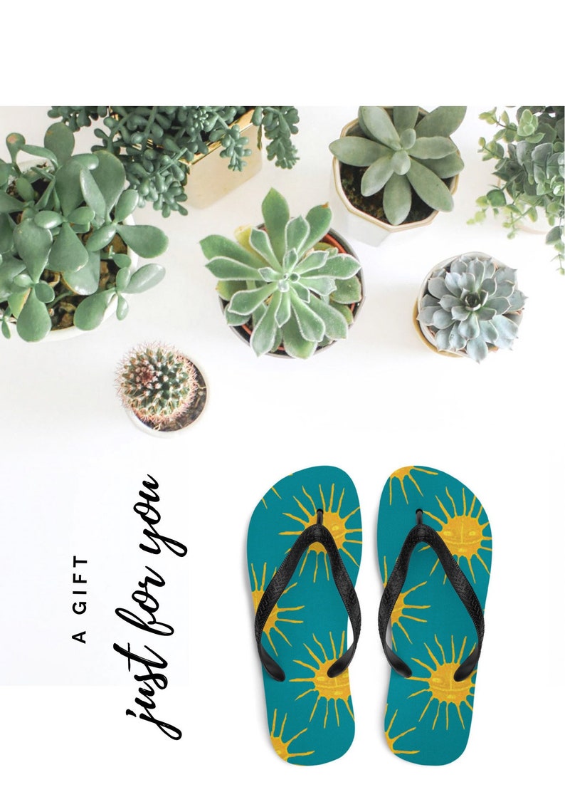 May include: A pair of teal blue flip flops with a black strap. The flip flops have a pattern of yellow suns with a face on them. The text 'A GIFT just for you' is written in black cursive on a white background. summer havaianas