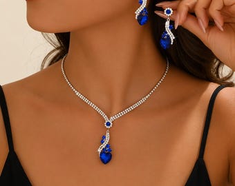 Sieradenset blauwe saffier, september geboortesteen ketting en oorbellen, bruidssieradenset, trouwketting, cadeau voor haar, saffiersieraden