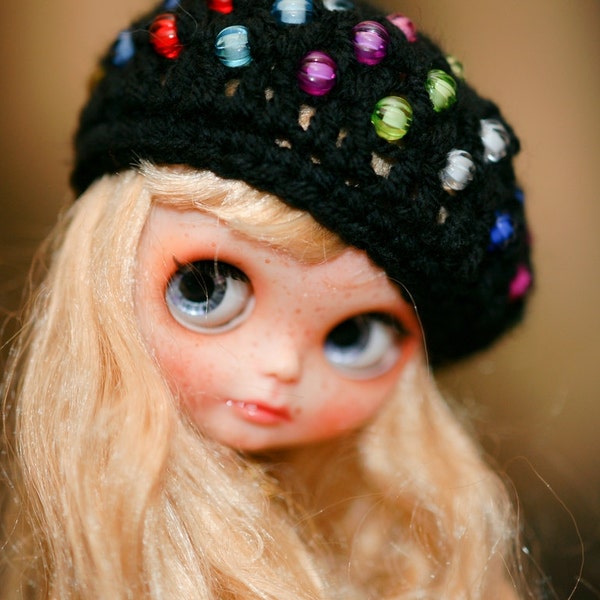 Parisien black  Beret OOAK Blythe Cap Hat Beads Fantasy Hat Blythe Blythe Outfit  Colorful hat  hat