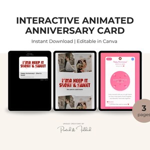 Tarjeta electrónica romántica animada de aniversario: tarjeta digital interactiva y editable de 3 páginas: saludo de amor personalizado para él o ella