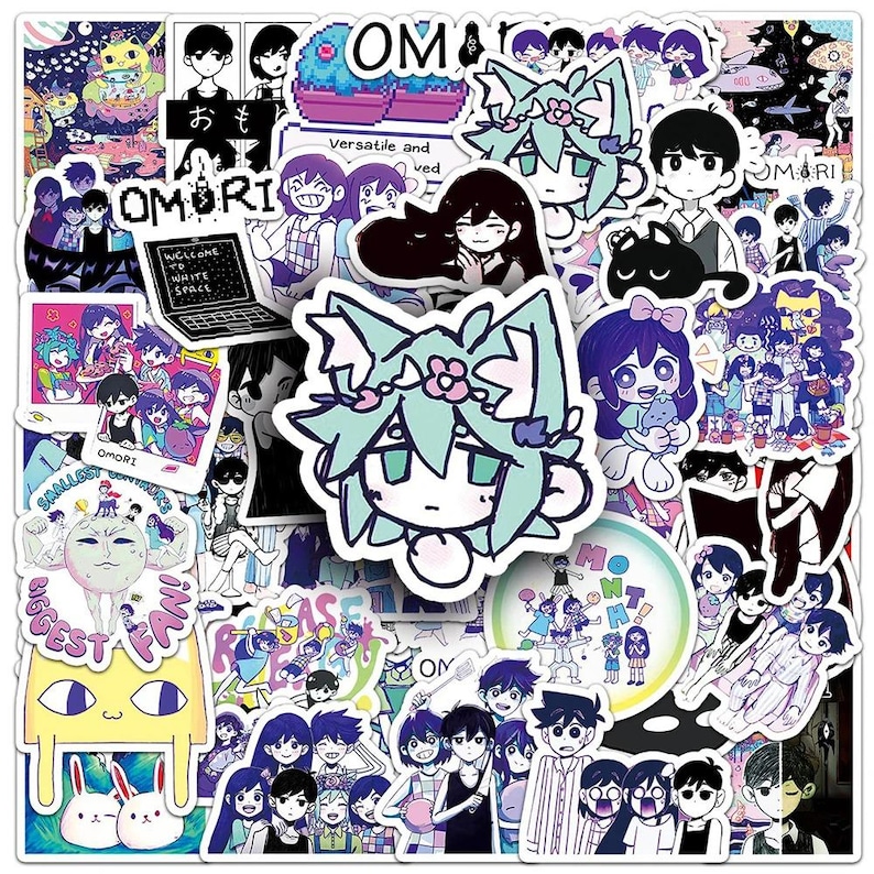 Puede incluir: Una colecci&oacute;n de pegatinas coloridas con personajes de estilo anime y texto. Las pegatinas incluyen varios dise&ntilde;os, como personajes con diademas florales, un port&aacute;til con el texto "WELCOME TO WHITE SPACE" y la palabra "OMORI".