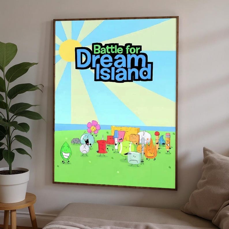 May include: A framed poster featuring the text "Battle for Dream Island" in blue and green. The artwork depicts cartoon characters on a green field with a yellow sun and blue sky background. The frame is brown.
