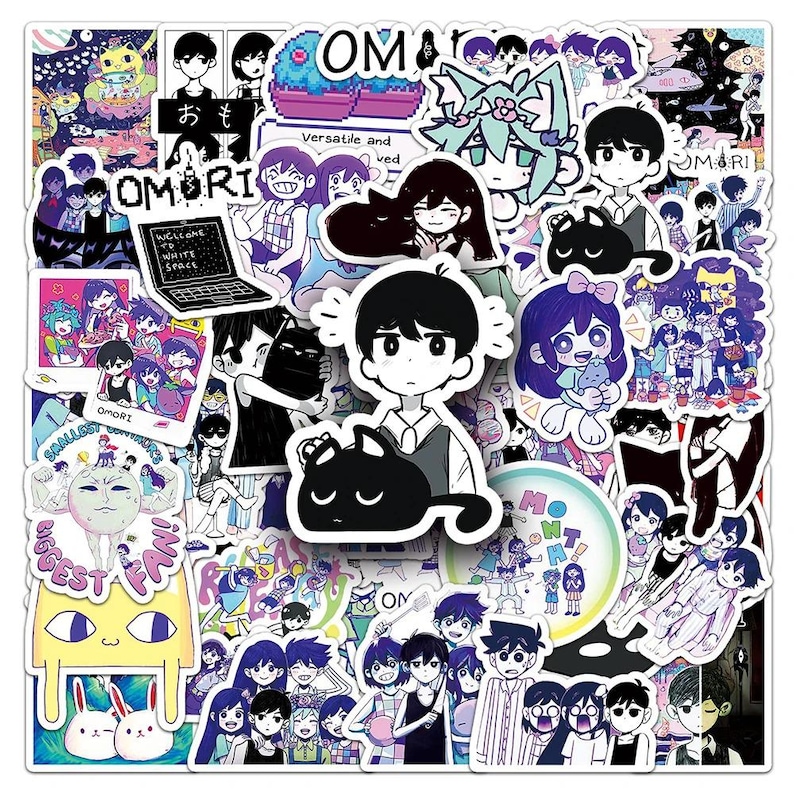 Puede incluir: Una colecci&oacute;n de pegatinas de Omori que presentan varios personajes y escenas del juego. Las pegatinas muestran una gama de colores, incluyendo negro, blanco, azul y amarillo, con elementos de texto como "OMORI" y "WHITE SPACE".