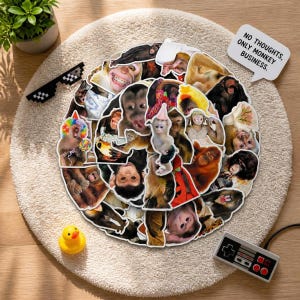 May include: A collection of various monkey stickers featuring diverse primate expressions and costumes, arranged in a circular cluster. A white speech bubble sticker with the black text NO THOUGHTS, ONLY MONKEY BUSINESS is included in the set.