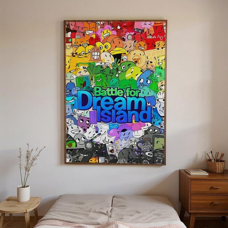 May include: A framed poster featuring a colorful collage of cartoon characters. The poster has the text "Battle for Dream Island" in blue and purple. The characters are in various colors, including red, yellow, green, and blue.
