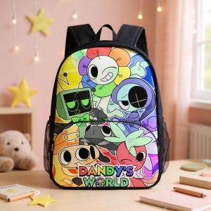 Peut inclure: Un sac à dos coloré avec des personnages de dessins animés de "Dandy's World". Le sac à dos a un dessus et des bretelles noirs, avec des poches latérales en filet. Le design comprend divers personnages aux couleurs vives, avec le texte "DANDY'S WORLD" en bas.