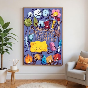 May include: A framed artwork featuring cartoon characters on a purple background. The artwork has the text "Battle for Dream Island" in a whimsical font. The characters are in various colors and shapes, with a playful and animated style.