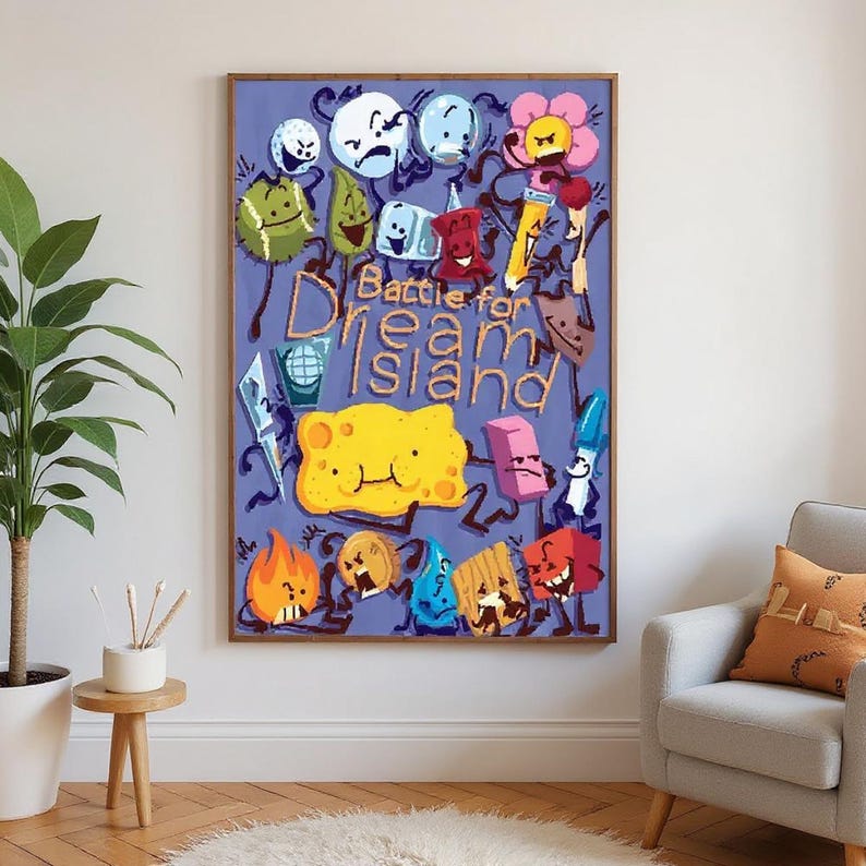 May include: A framed artwork featuring cartoon characters on a purple background. The artwork has the text "Battle for Dream Island" in a whimsical font. The characters are in various colors and shapes, with a playful and animated style.