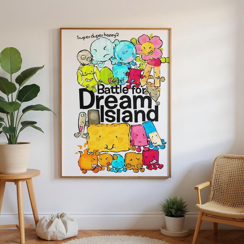 May include: A framed art print featuring colorful cartoon characters with the text "Battle for Dream Island." The artwork includes various whimsical figures in shades of blue, yellow, pink, and orange, with the text "Superduperhappy2" at the top.