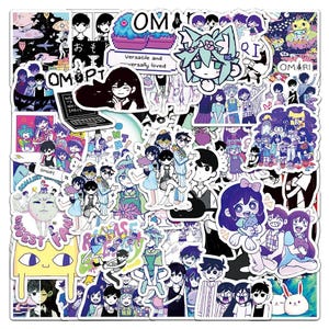 Puede incluir: Una colecci&oacute;n de pegatinas coloridas con varios personajes de dibujos animados y texto. Las pegatinas muestran una variedad de dise&ntilde;os, incluyendo personajes con detalles florales, arte pixelado y texto que dice "OMORI" y "Versatile and universally loved."