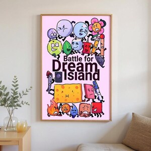 May include: A framed poster featuring cartoon characters from "Battle for Dream Island" on a pink background. The artwork includes various animated objects with expressive faces, such as a cheese block, a flower, and a pencil.