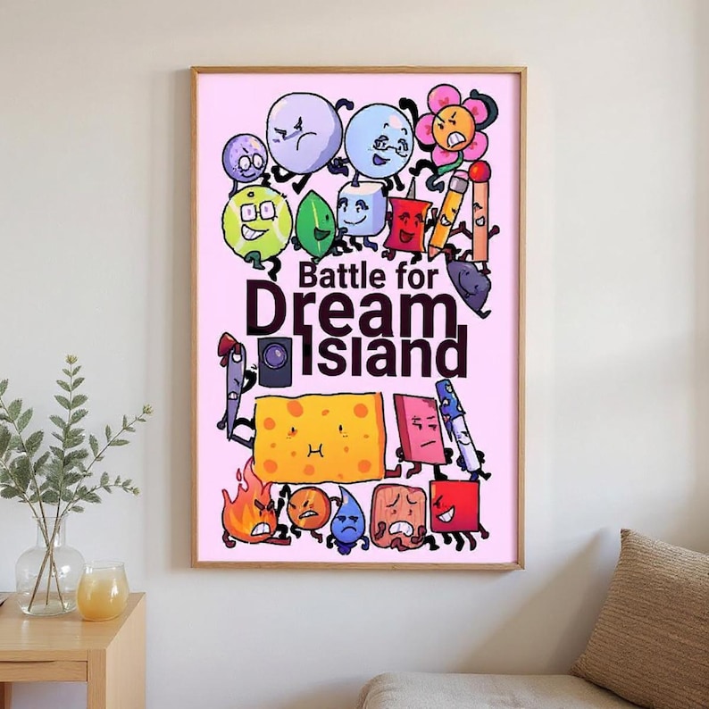 May include: A framed poster featuring cartoon characters from "Battle for Dream Island" on a pink background. The artwork includes various animated objects with expressive faces, such as a cheese block, a flower, and a pencil.