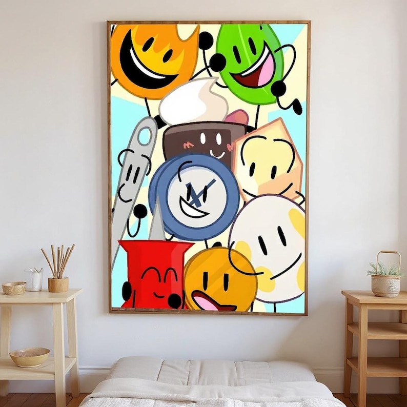 May include: A framed print featuring a collage of cartoon characters with smiling faces. The characters are in various shapes and colors, including orange, green, yellow, and blue. The background is a light blue with a wooden frame.