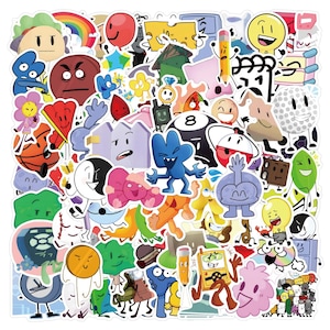 May include: A collection of colorful cartoon character stickers with various shapes and designs. The stickers feature a diverse range of objects, including a rainbow, a pencil, a lightbulb, and a baseball. The stickers are arranged closely together.