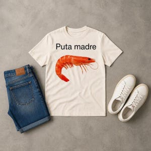 May include: A cream-coloured short-sleeve t-shirt featuring a graphic of a bright orange shrimp and the black text "Puta madre" printed above it, paired with blue denim shorts and a pair of white low-top trainers with white laces.