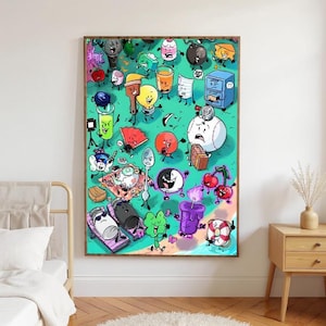 May include: A framed cartoon print featuring numerous anthropomorphic objects on a green background. The objects include a baseball, cherries, a lightbulb, a bomb, and a juice glass. The artwork has a whimsical and playful style, with bright colors and expressive character designs.