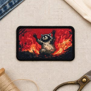 以下が含まれることがあります： 両手を上げたアライグマのグラフィックイラストが描かれた長方形の刺繍ワッペン。鮮やかなオレンジと赤の炎の背景がアライグマを囲むようにデザインされており、ワッペンの中心にアライグマが配置されています。