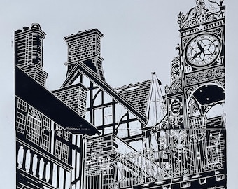 Eastgate Clock - Original Linocut Print A3