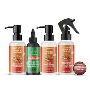 Pode incluir: Uma coleção de produtos para o cabelo Locsanity, incluindo shampoo, condicionador, desembaraçador e gel de controle de bordas. As garrafas são brancas com rótulos laranja com ilustrações de manteiga de karité e damasco. O óleo de crescimento capilar Ulini está em uma garrafa verde.