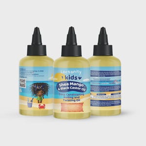 May include: Three bottles of Locsanity kids Shea Mango & Black Castor Oil. The bottles are yellow with black caps and feature a cartoon illustration of a child with locs. The label also includes the words "Deep Conditioning Rolling and Twisting Oil."