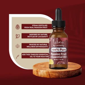 May include: A brown glass bottle of passion fruit essential oil with a black dropper, displayed on a wooden stand. The label reads "100% Pure Passion Fruit Essential Oil" and "30 ml / 1 FL OZ". Additional text includes "Steam-Distilled From Real Passion Fruit".