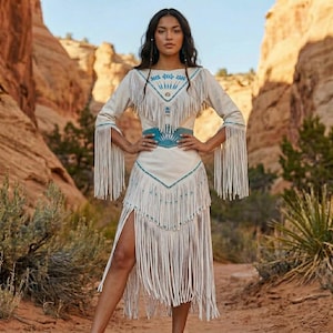 May include: A cream-colored dress with long sleeves and a fringed hemline. The dress features turquoise accents and a matching belt. The model is standing in a desert landscape.