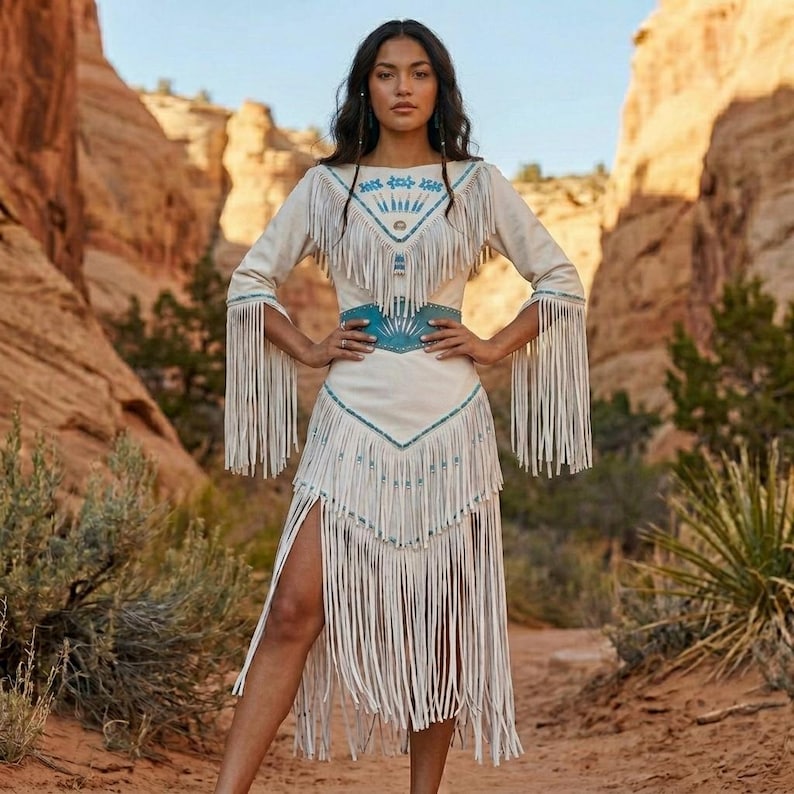 May include: A cream-colored dress with long sleeves and a fringed hemline. The dress features turquoise accents and a matching belt. The model is standing in a desert landscape.