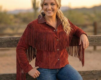 Chaqueta de gamuza roja con flecos hecha a mano / Abrigo de vaquera estilo western