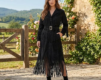Women Black Suede Fringe Western Dress | Cowgirl Rodeo Duster | Long Boho Party Belted Jacket