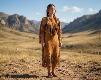 Handmade Suede Western Beaded Wedding Dress | Native-Inspired Fringes Regalia | Tribal Festival Women Outfit