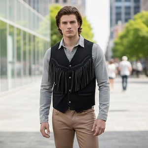 May include: Black vest with fringe detail and button closure. The vest is worn over a gray button-down shirt and tan pants. The image is taken outdoors with a blurred background of a city street.