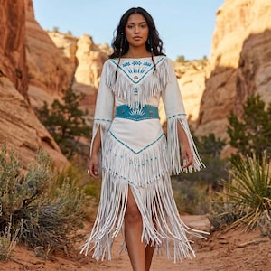 May include: A cream-colored dress with fringe detailing and turquoise accents. The dress features long sleeves, a fringed bodice, and a matching fringed skirt with a high slit. A turquoise belt cinches the waist. The dress is worn outdoors.
