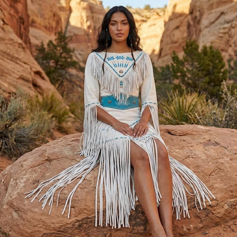 May include: A cream-colored dress with long sleeves and fringe detailing. The dress features turquoise accents on the neckline, sleeves, and waist belt. The model is sitting on a large rock in a desert landscape.