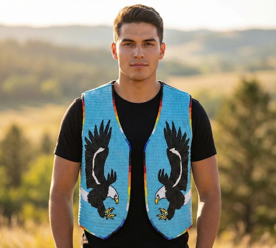 Handmade Suede Leather Powwow-Regalia Vest | Men Eagle Beaded Front Tribal Waistcoat | Western Concert Outfit