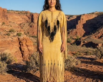 Handmade Suede Western Beaded Wedding Dress | Native-Inspired Fringes Regalia | Tribal Festival Women Outfit