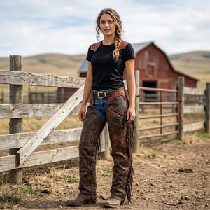 May include: A person wearing a black t-shirt, blue jeans, and brown leather chaps with fringe. The chaps have decorative leather accents and are paired with a brown leather belt. The background features a wooden fence and a red barn.