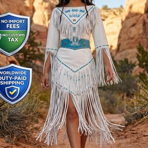 knee length dresses for ladies Native Women's White Leather Long Fringes Wedding Dress Powwow Regalia   NativeEagleStore