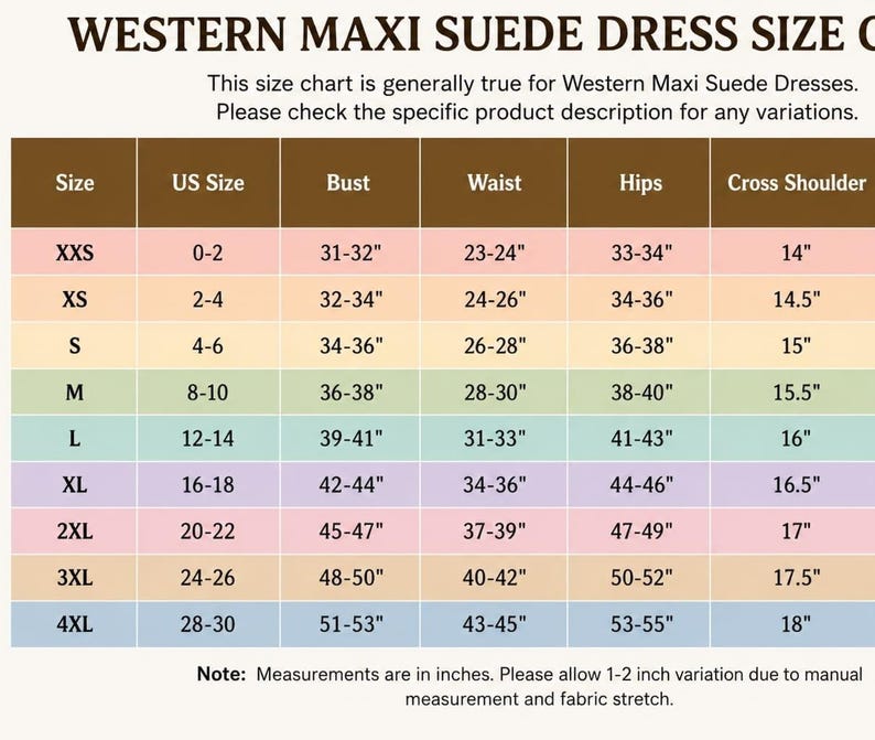 May include: A size chart for a Western Maxi Suede Dress with columns for Size, US Size, Bust, Waist, Hips, and Cross Shoulder. The table lists sizes from XXS to 4XL with corresponding measurements in inches. Text includes instructions for variations.
