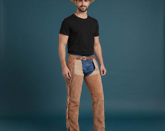 Cowboy Tan Suede Fringe Chaps | Men Western Tassel Pant | Native Horse Show Rodeo Outfit