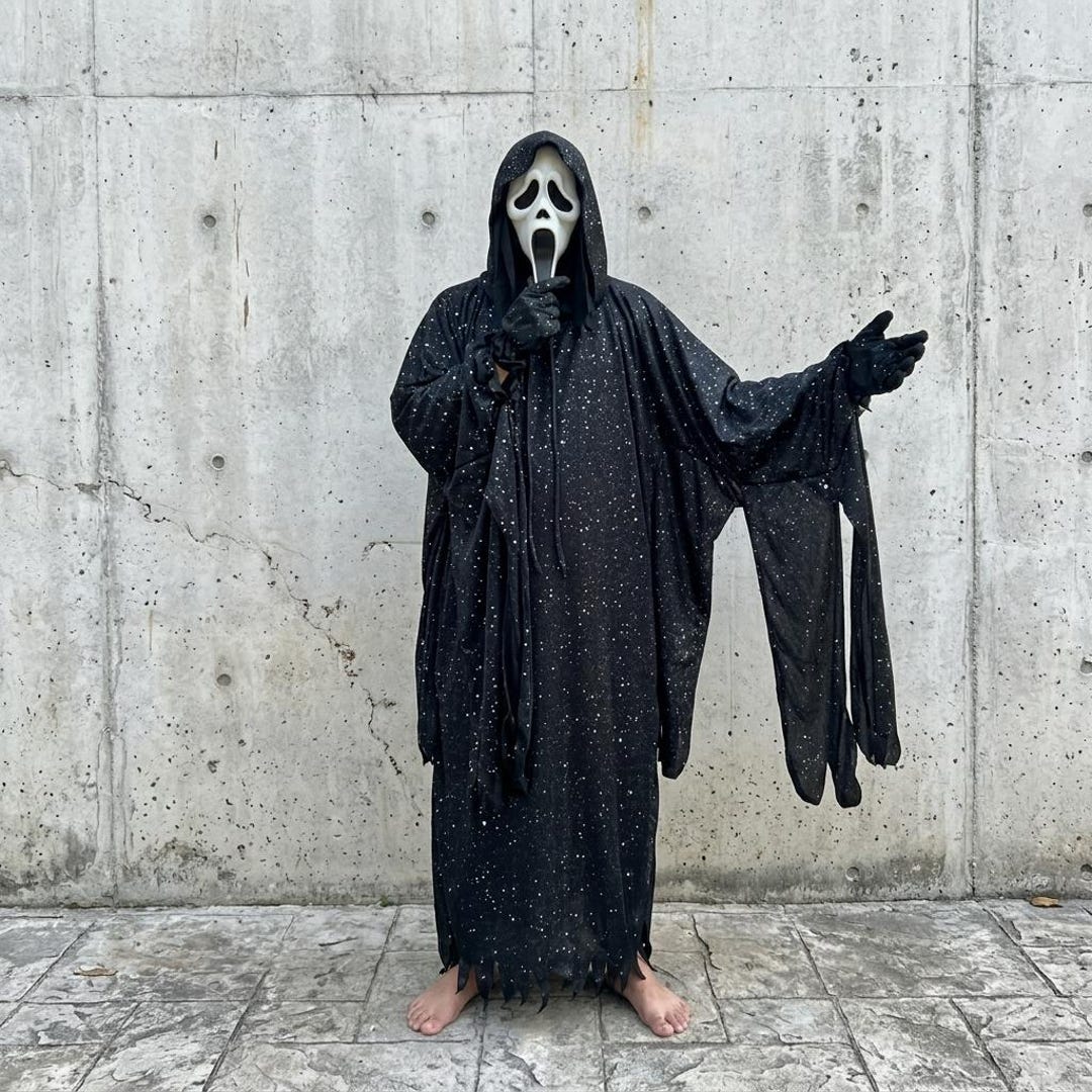 Horror Robe Black Sparkle Horror Costume | Scary Hooded Robe, Ghost Spooky Mask ...