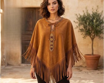 Women Mustard Suede Fringe Top | Western Artisan Beaded Poncho | Cowgirl Boho Festival Capelet Outfit