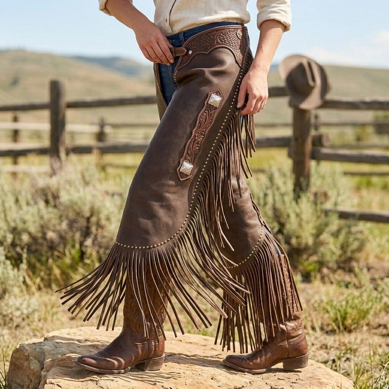 May include: Brown leather chaps with long fringe and decorative silver-toned studs and accents. The chaps are worn with brown cowboy boots. The image is set outdoors with a wooden fence and a natural background.