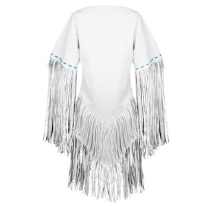 May include: White fringed top with long sleeves and a V-neckline. The sleeves and bottom of the top are adorned with long, flowing fringe. The sleeves have a line of turquoise beads. The top is made of a soft, flowing material.