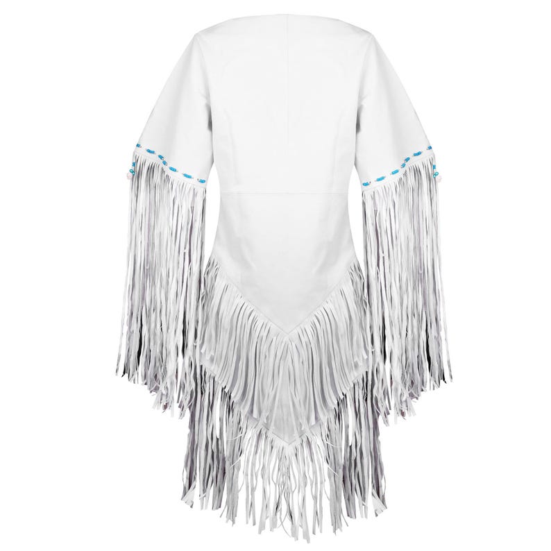 May include: White fringed top with long sleeves and a V-neckline. The sleeves and bottom of the top are adorned with long, flowing fringe. The sleeves have a line of turquoise beads. The top is made of a soft, flowing material.