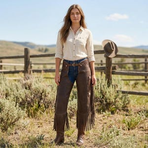 May include: A woman wearing a light beige button-down shirt, blue jeans, and brown leather chaps with fringe. A brown leather belt with decorative stitching and a cowboy hat hanging on a wooden fence post are also visible.