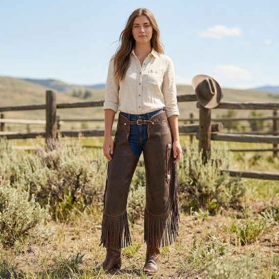 Cowgirl Western Brown Tooled Leather Chaps | Handmade Fringe Riding Pants | Native Horseshow Festival Outfit