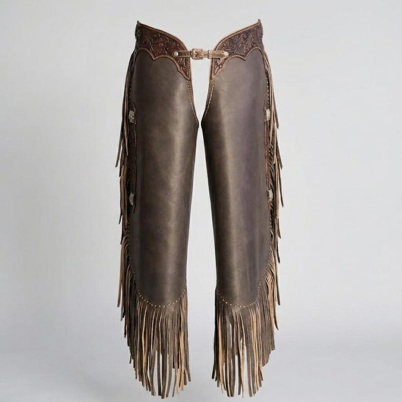 May include: Brown leather chaps with decorative tooling along the top and fringe along the sides and bottom. The chaps have a buckle closure at the waist and are designed to be worn over pants. The chaps are a western wear item.