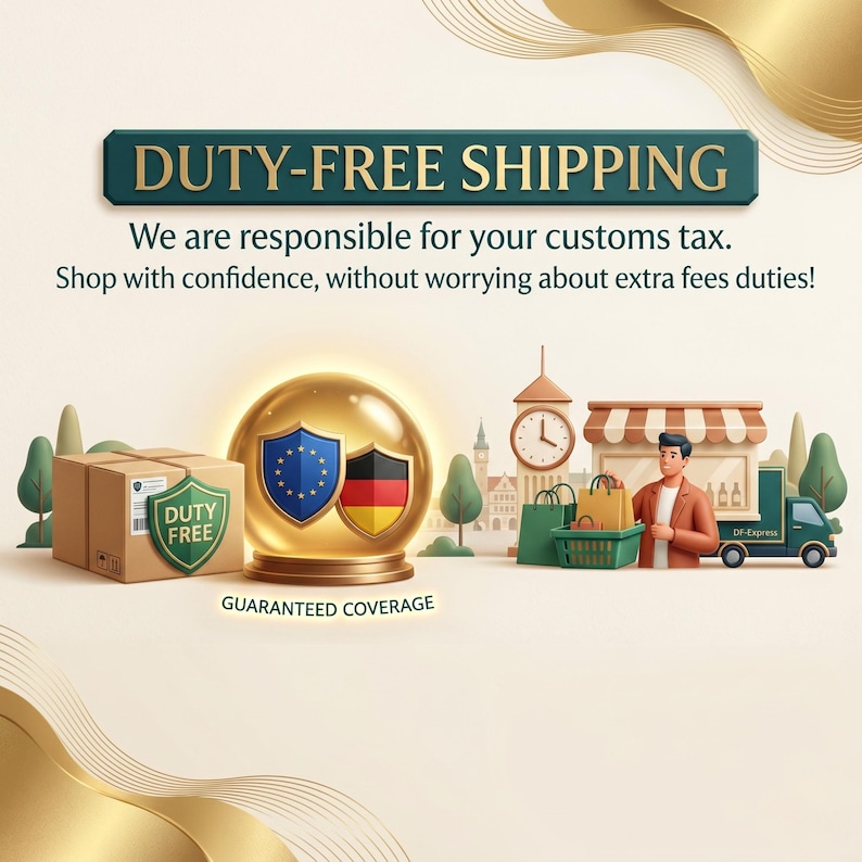 May include: An illustration promoting duty-free shipping. The image features a box, a globe with EU and German flags, a person with shopping bags, and a delivery truck. Text includes "DUTY-FREE SHIPPING" and "GUARANTEED COVERAGE."