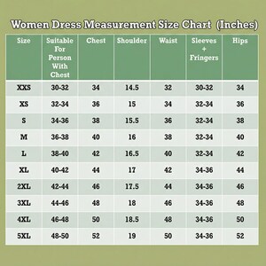 May include: A green and white chart titled "Women Dress Measurement Size Chart (Inches)" displays dress sizes from XXS to 5XL. Measurements include chest, shoulder, waist, sleeves, and hips in inches.